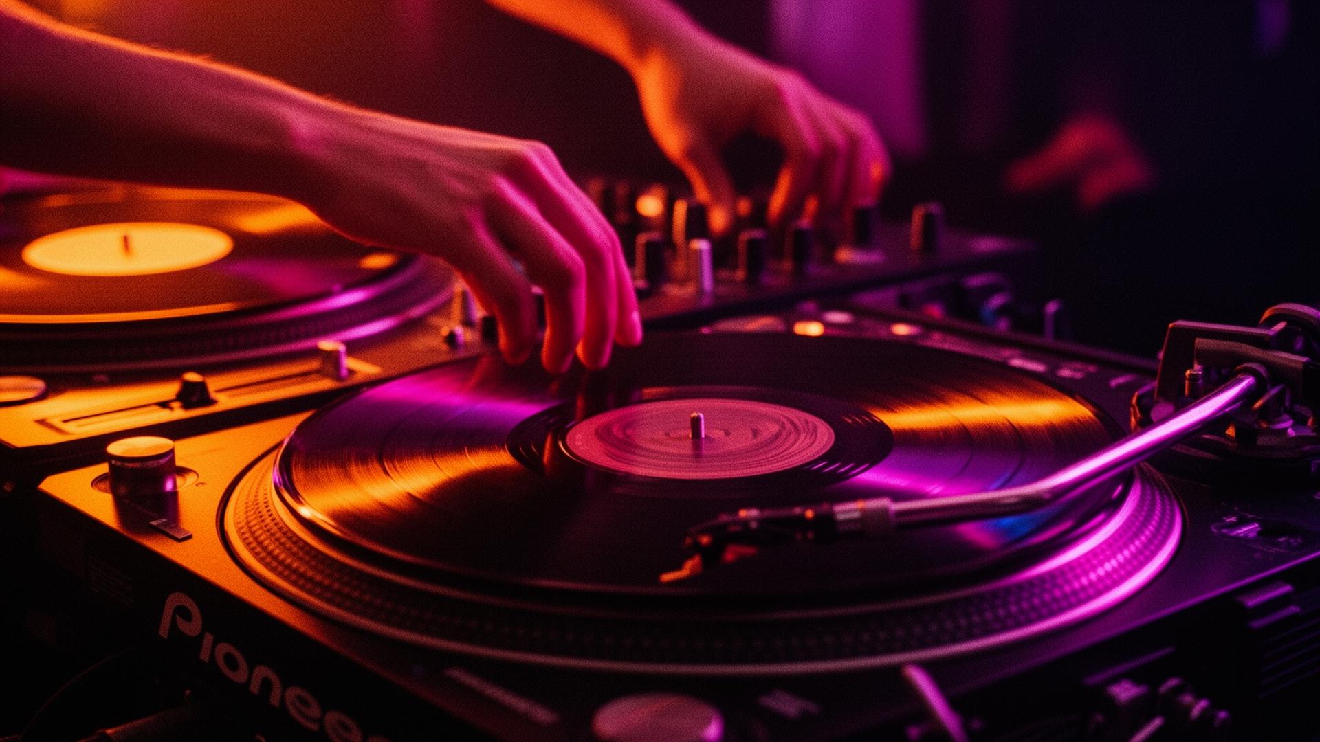 DJ mixing on Pioneer turntables under neon lights